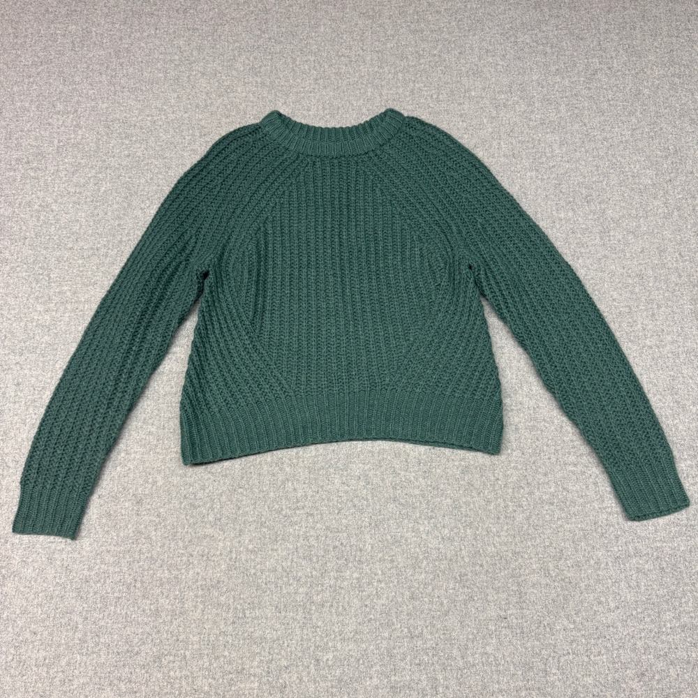 A New Day Pullover Sweater Size Medium Green Chunky Ribbed Knit Raglan Crew Neck